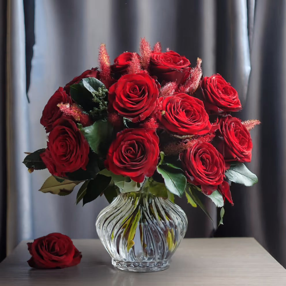 A romantic collection of fresh-cut red roses, symbolizing love and passion
