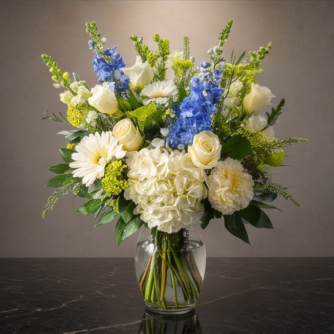 Tranquil Azure flower arrangement by Flora Faves