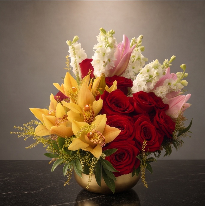 Rouge Velours flower arrangement by Flora Faves